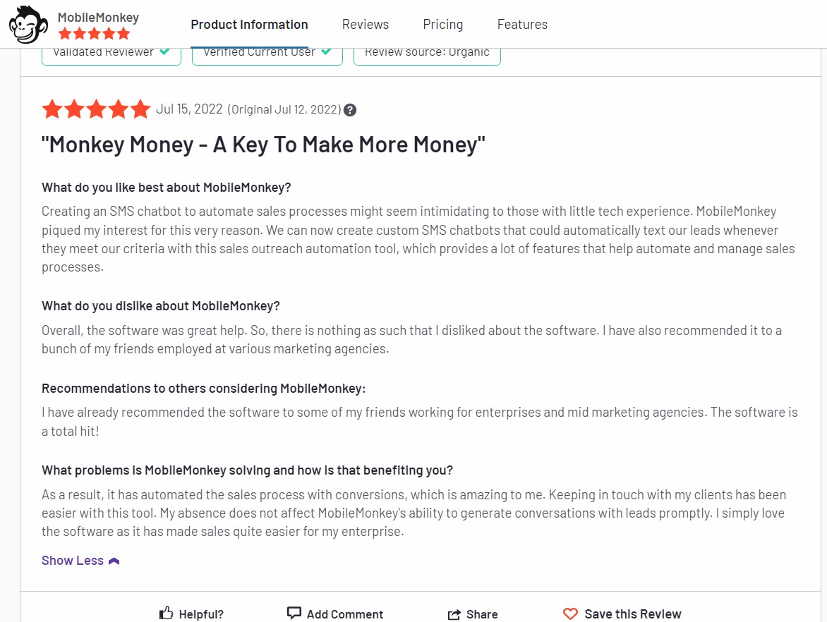 Reviews MobileMonkey